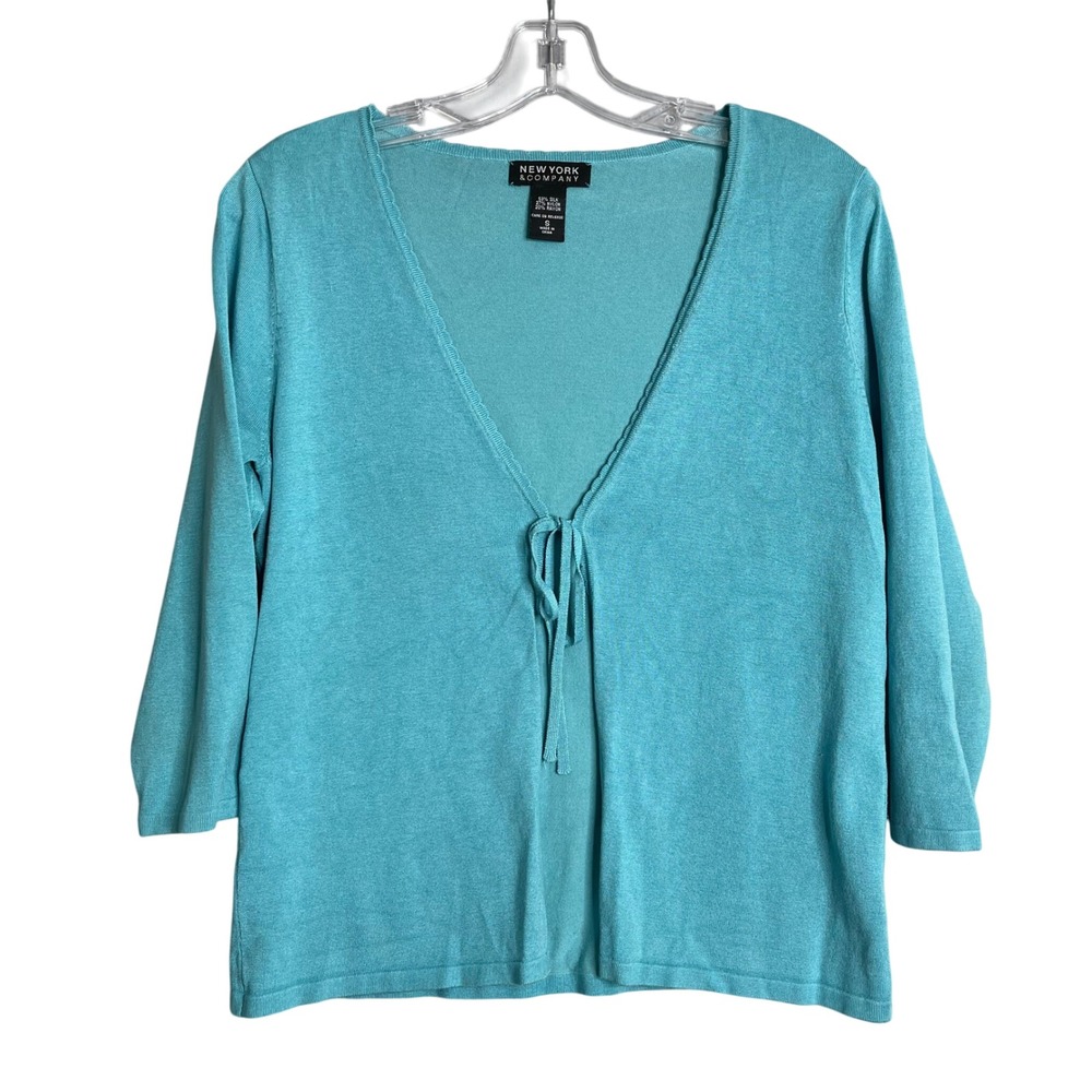 Tie Front Cardigan Womens S Blue Silk Blend Lightweight Y2K Preppy New York & Co